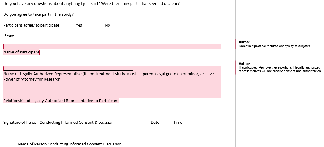 An example of a signature page to document the consent process